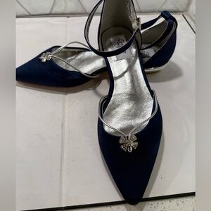 Creative Sugar Blue Satin Rhinestones Flat Shoes Silver Heel Formal Sz 39 US 8.5